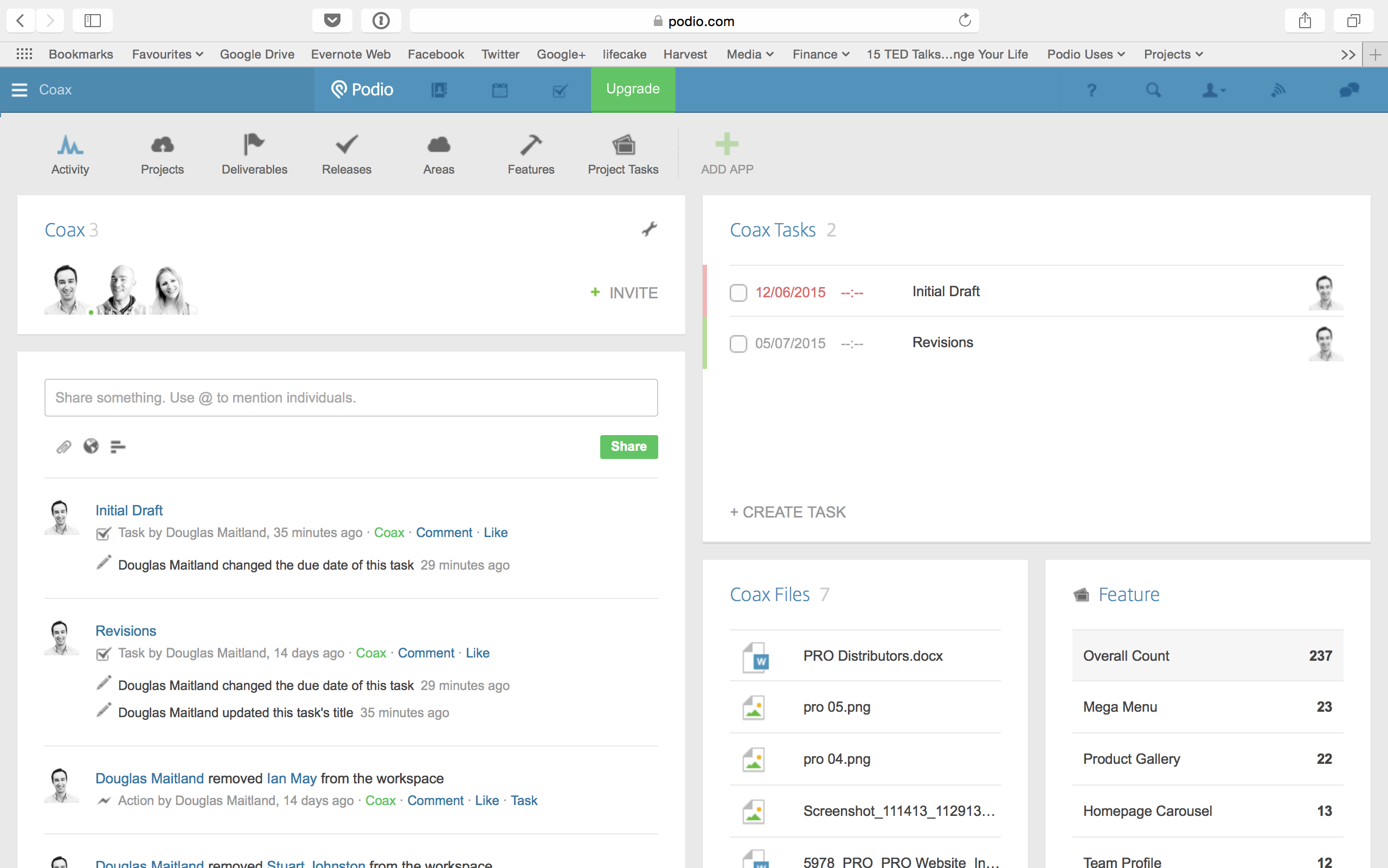 Image showing the dashboard within a workspace. There are panels for your team members, activity wall, tasks, files and any other tiles that you wish to add or create