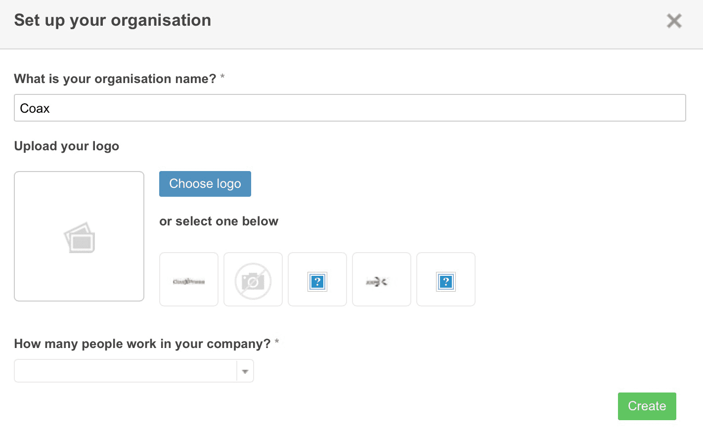 Image showing the required fields to set up a new organization