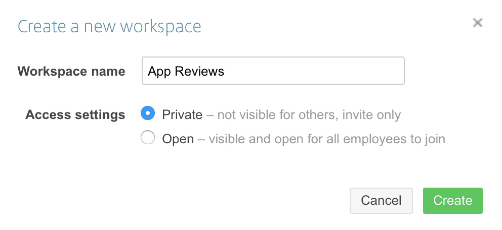 Image showing that to create a new workspace you need to enter a name for it and decide on whether it is a private or open workspace