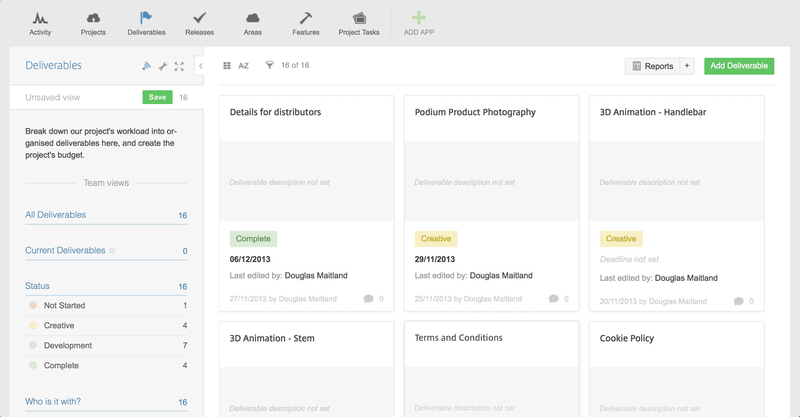 Image showing the badge view of an app in Podio called Deliverables.