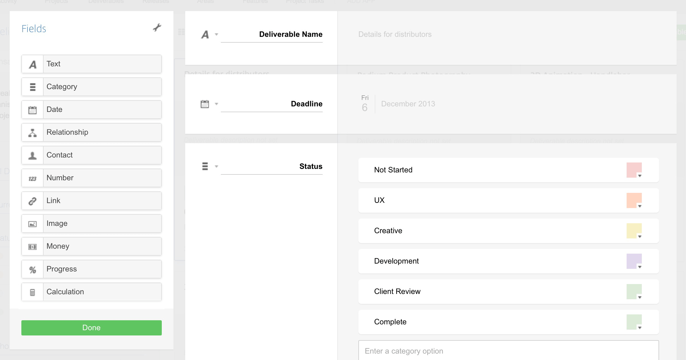Image showing an app template in editing mode, with the fields you use on the left and the fields in use on the right