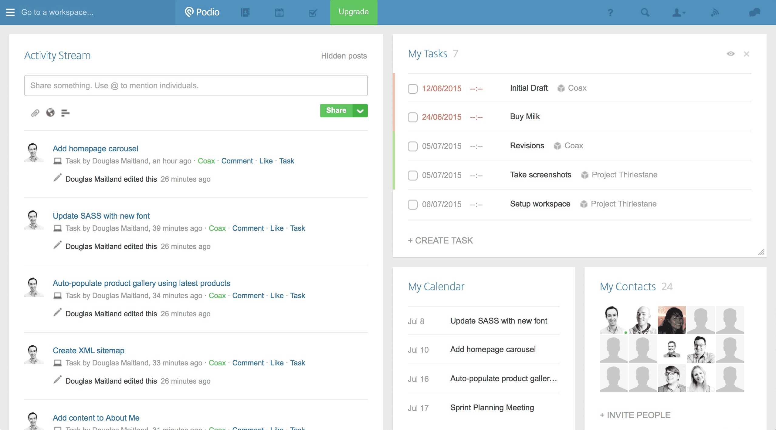 Image showing a view of my Podio dashboard where I have both my activity wall on the left and some custom tiles on the right showing information from my workspaces