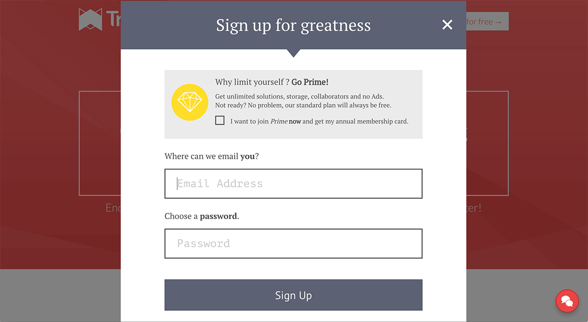 A screenshot of the Transpose signup window.
