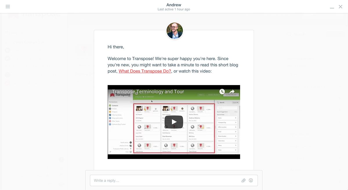 A screenshot of Transpose's welcome video and support text.
