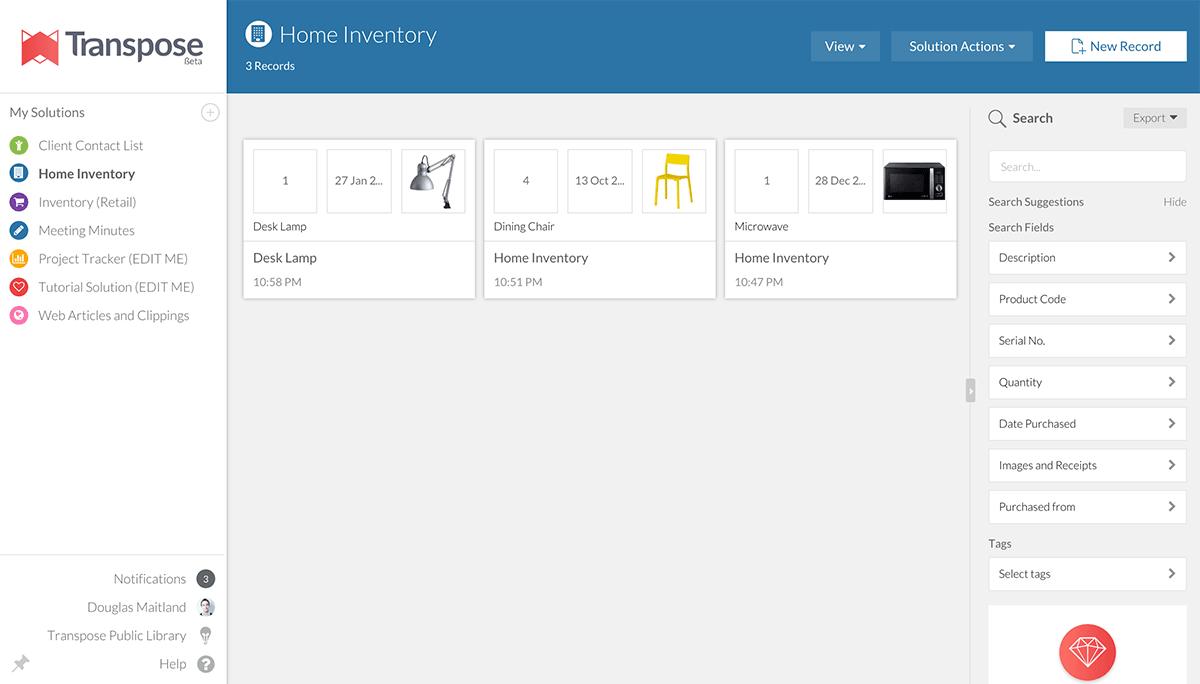 A screenshot of Transpose's overview field.