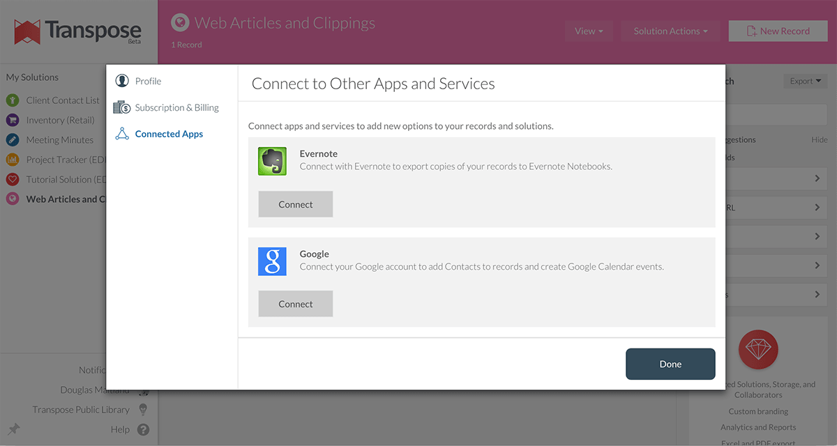 Screenshot of Transpose's integration options.