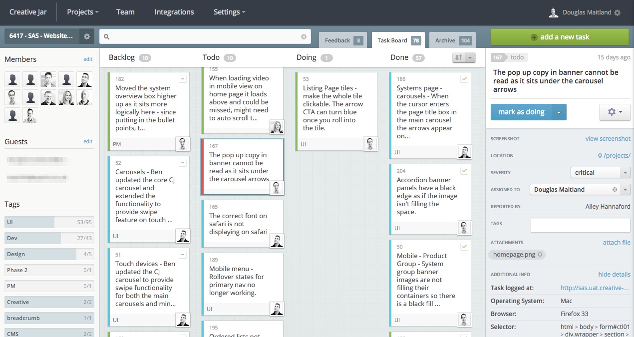 Bugherd uses a ‘kanban-style’ task board. The UI is approachable and well-designed.