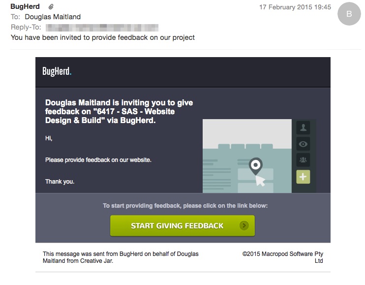 Email showing the invite that a guest receives from BugHerd. It includes a link to start giving feedback.