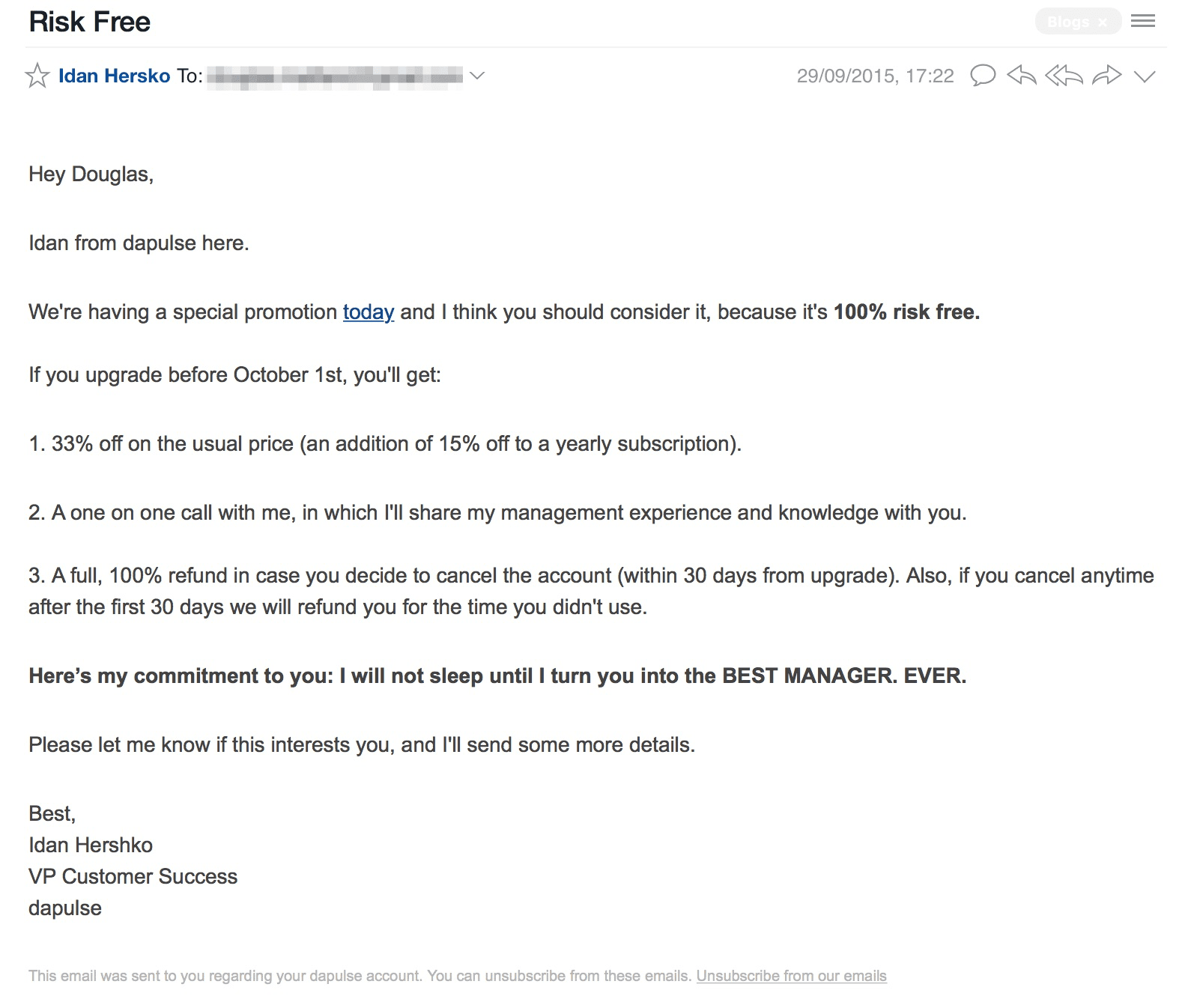 A snapshot of an email dapulse sent me after signing up.