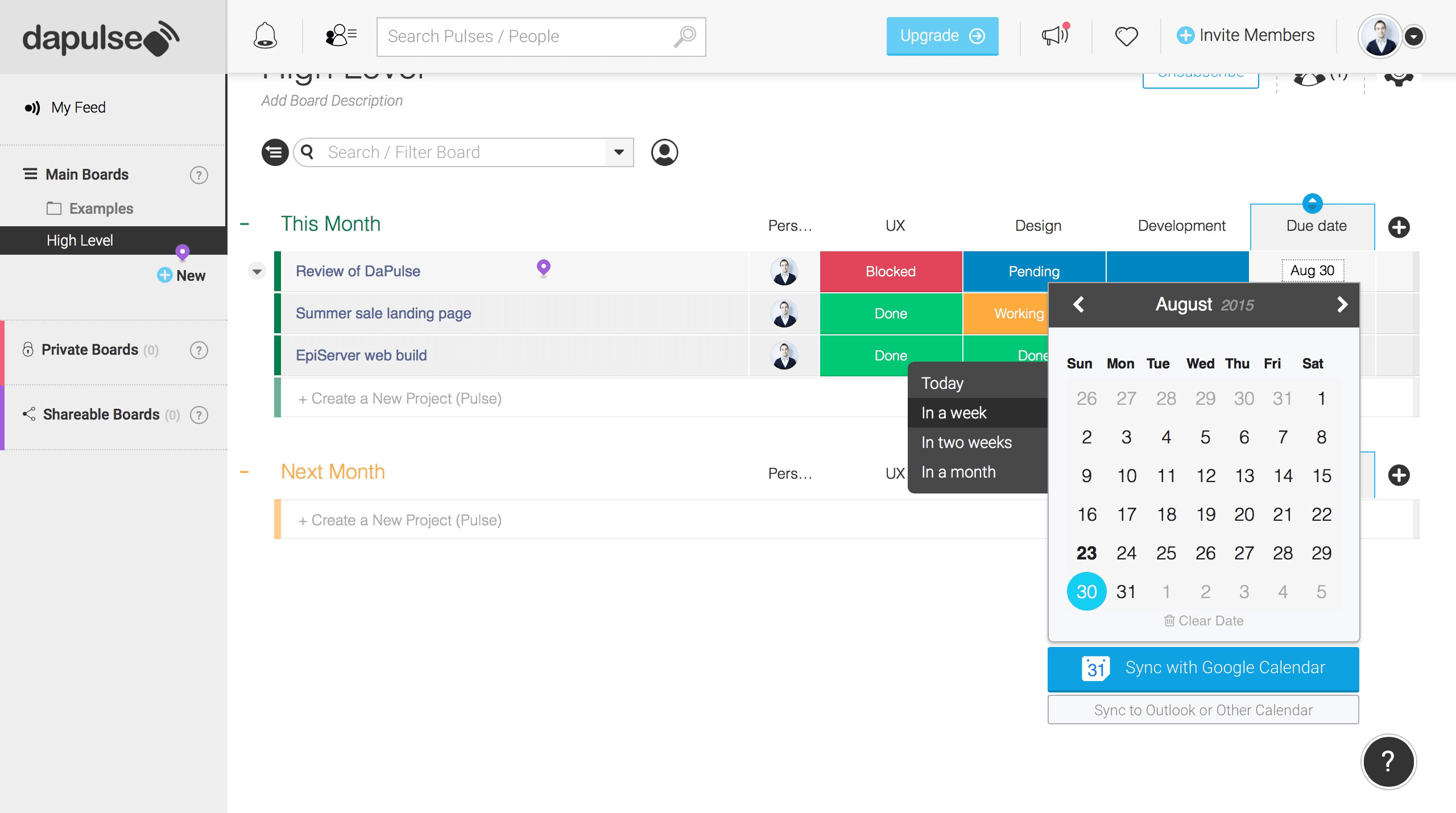 Image showing different UI elements within dapulse